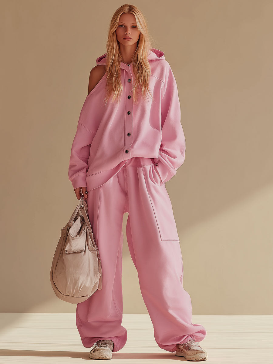 Loose-fitting Hooded Single-breasted Off-the-shoulder Jacket And Trousers Casual Set