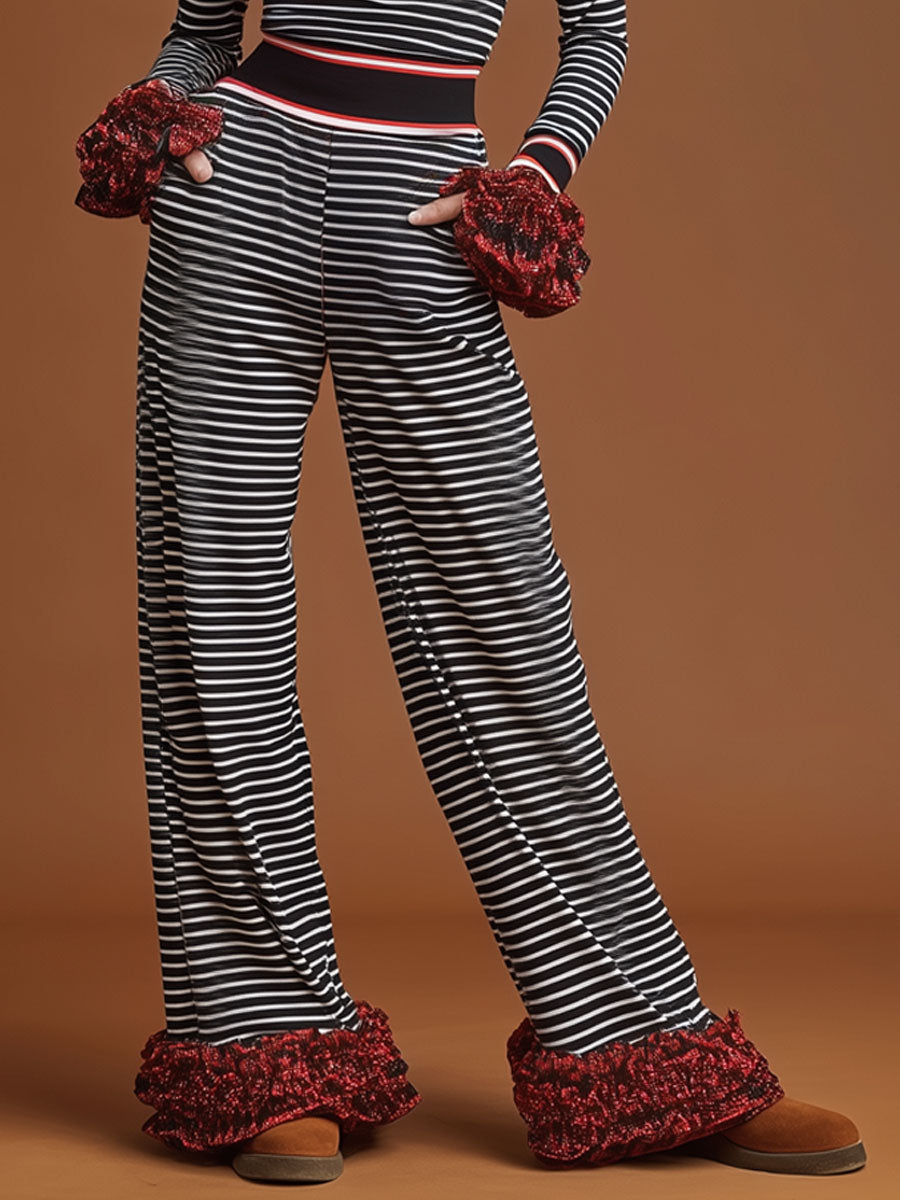 Sporty Retro Red Ruffled Black And White Striped T-shirt And Wide-Leg Pants Set