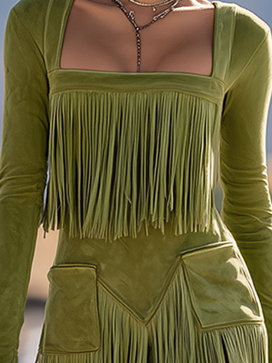 Retro Western Style Green Fringed Faux Suede Mini Dress