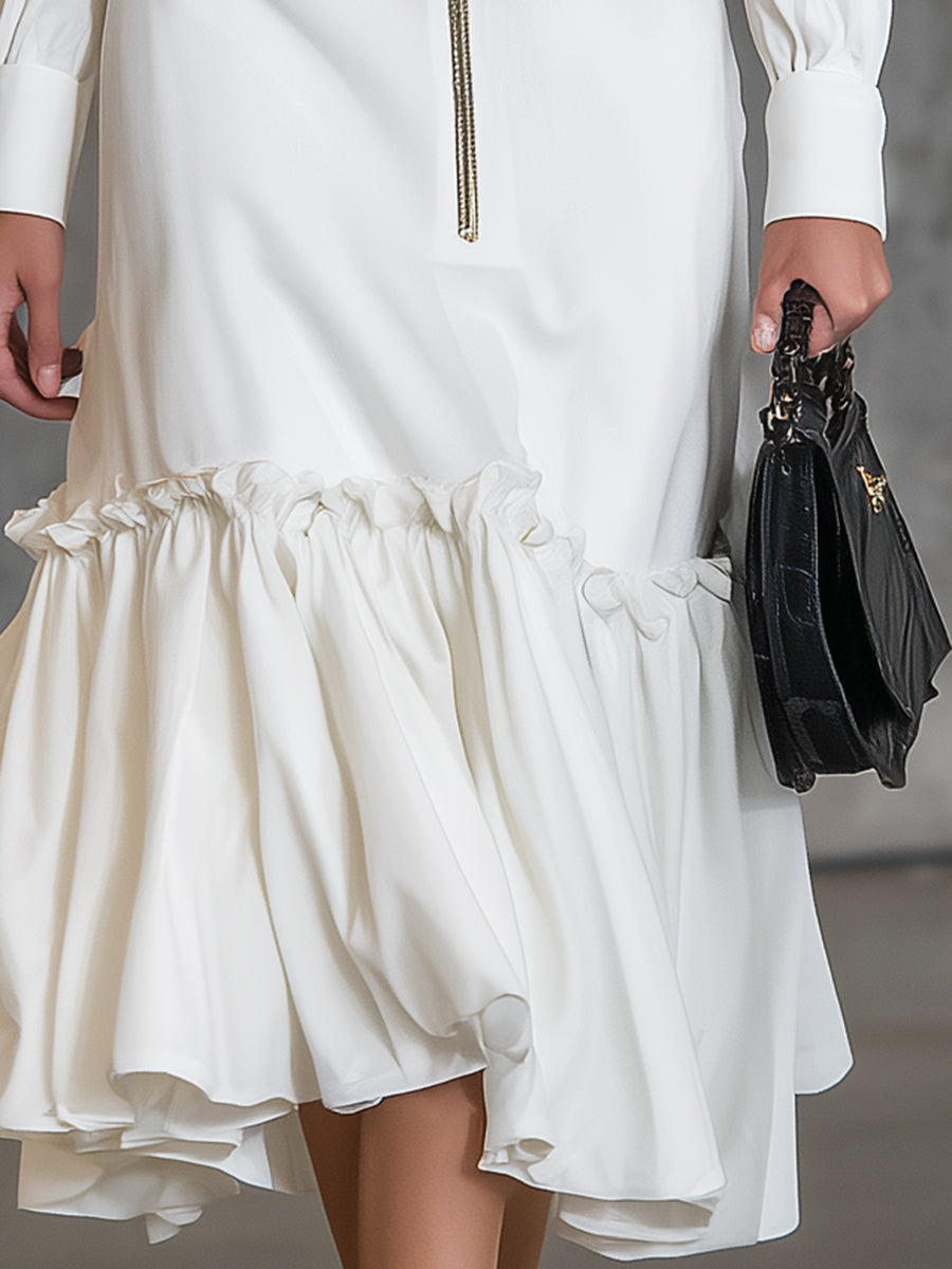 Elegant White Cotton And LinenWith Zipper And Ruffle Details Midi Dress
