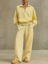 Casual Retro Pale Yellow Cotton Half-zip Sweatshirt And Split Wide-leg Pants Set