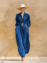 High-end Chic Pleated Royal Blue Satin Maxi Dress