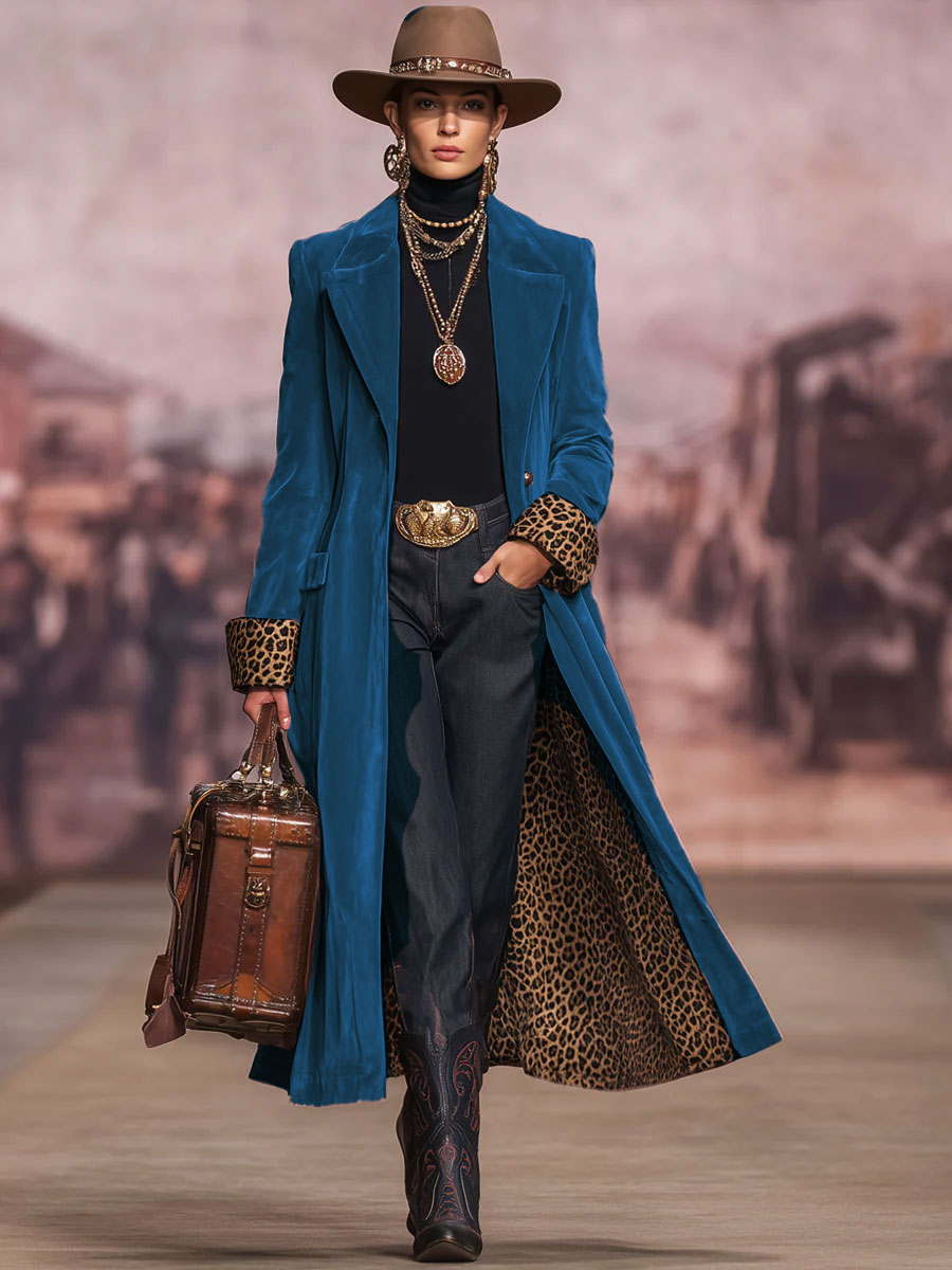 Lapel Single-breasted Velvet And Leopard Print Coat