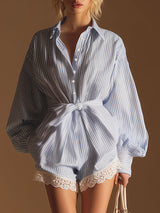 Stylish Urban-style Blue Striped Lapel Jumpsuit