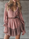 Western-style Ruffled Neckline Checkered Chiffon Hem Pink Faux Suede Mini Dress
