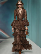 Casual And Stylish V-neck Ruffled Brown Lace Maxi Dress