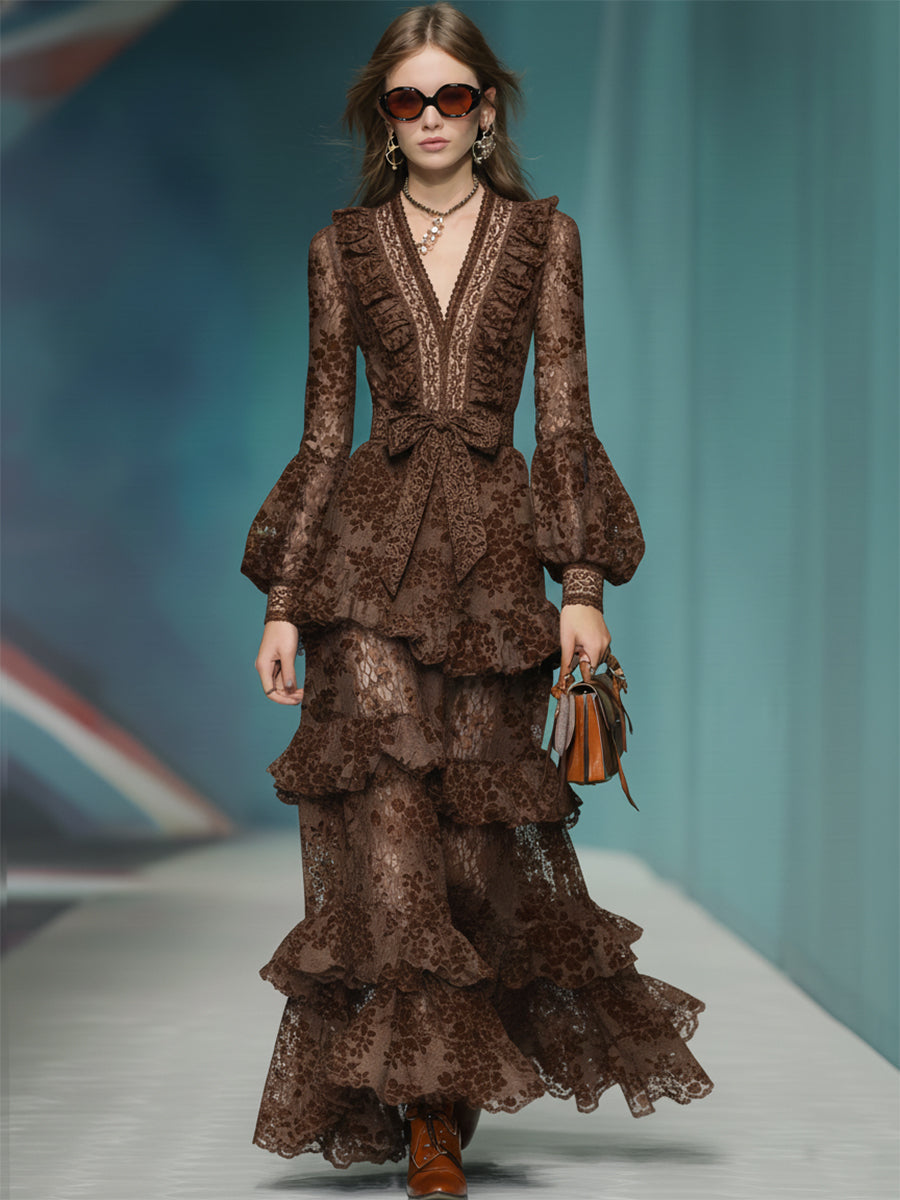 Casual And Stylish V-neck Ruffled Brown Lace Maxi Dress