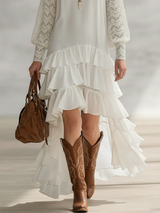 Romantic Bohemian Style Velvet-feel Lace Long-sleeved Irregular Ruffled Hem White Chiffon Maxi Dress