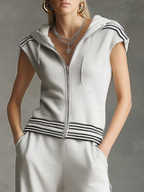 Sporty Black Striped Light Gray Sleeveless Hooded Sweatshirt And Wide-Leg Pants Set