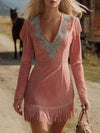 Retro Western-style Embroidered V-neck Fringed Faux Suede Mini Dress
