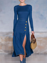 Retro Round Neck Side Slit Denim Long-sleeved Midi Dress