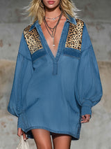 Lapel Collardenim And Leopard Print Patchwork Long-sleeved Mini Dress