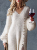 Comfortable Lazy Exquisite V-neck Metal Button White Imitation Rabbit Fur Knitted Side Slit Midi Dress