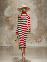 Stylish Knitted Red And White Striped Off-the-shoulder Maxi Dress