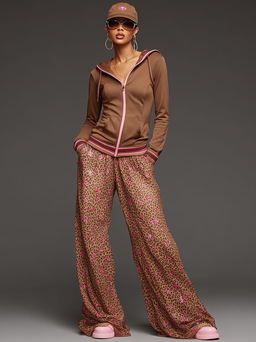 Sporty Retro Brown Hooded Sweatshirt With Leopard Print Chiffon Wide-Leg Pants Set