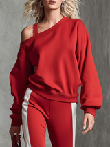 Stylish Sporty Single-shoulder Sweatshirt And Ruffled Wide-leg Pants Set