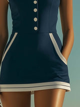 【24-hour shipping out】Elegant Classic V-Neck Sports Style Front Button Contrast Navy Blue Mini Dress
