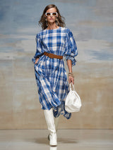 Casual Retro Blue And White Checkered Chiffon Long-sleeved Midi Dress