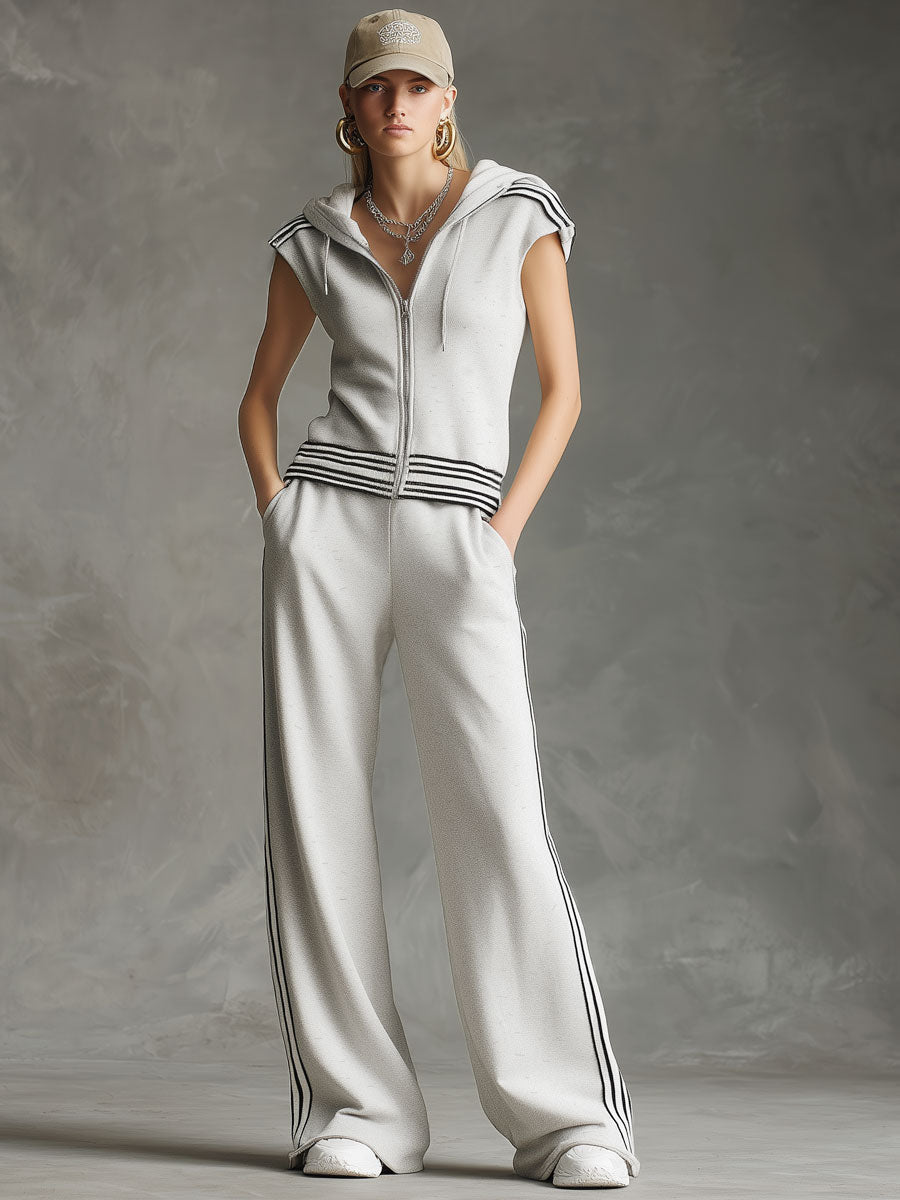 Sporty Black Striped Light Gray Sleeveless Hooded Sweatshirt And Wide-Leg Pants Set
