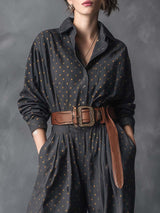 Vintage Fashiona Lapel Front Button Gold-plated Silver Polka Dot Pattern Dark Gray Denim Jumpsuit