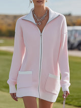 Elegant And Stylish White Trim Pink Ribbed Mini Dress