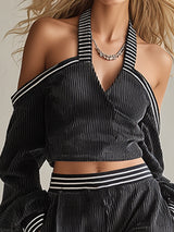 Stylish Sporty Striped Trim Black Corduroy Off-the-shoulder Top And Wide-leg Pants Set