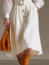 Western-style Vintage Long-sleeved White Cotton A-line Midi Dress