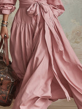 Elegant Urban Pink Collared Cotton-linen Maxi Dress