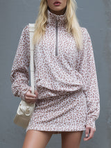 Loose-fitting Leopard Print Stand-collar Zip-up Top And Velvet Skirt Set