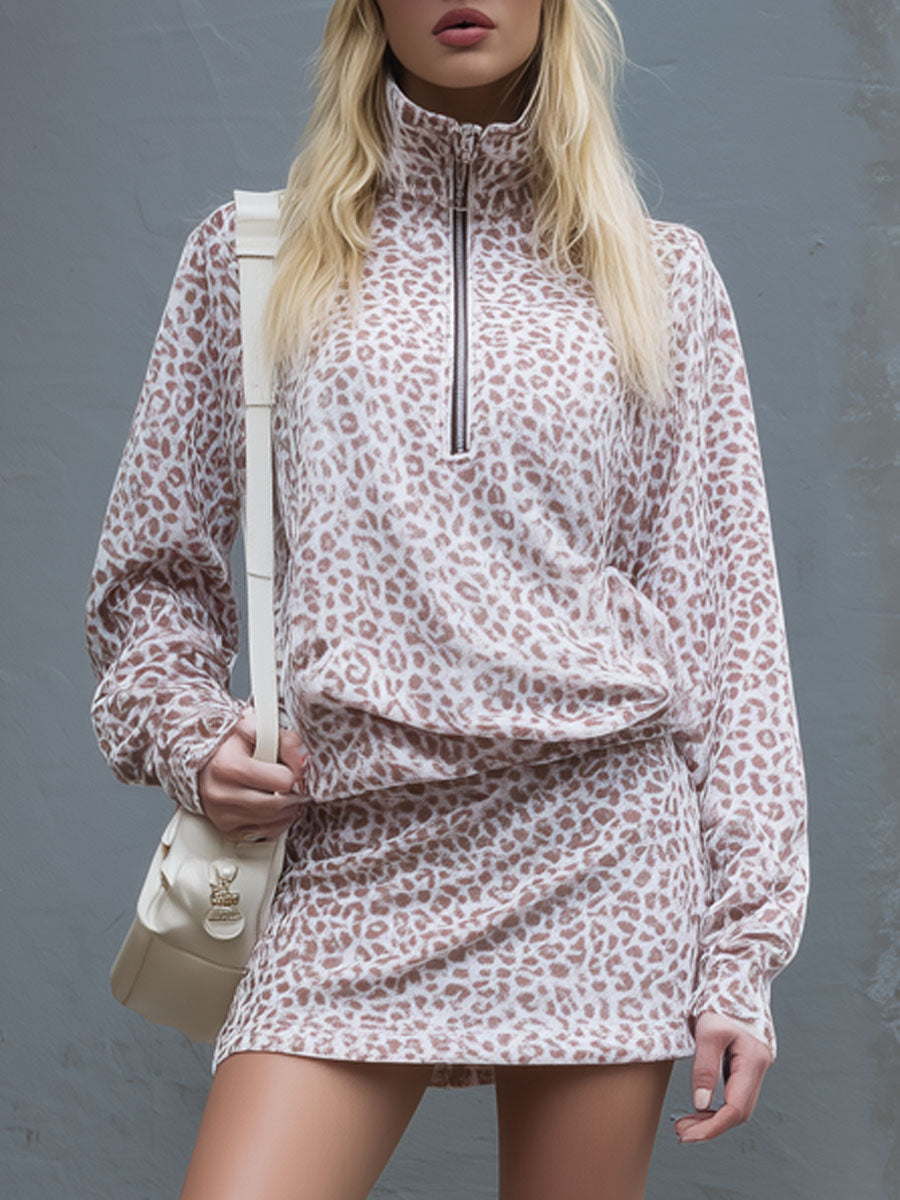 Loose-fitting Leopard Print Stand-collar Zip-up Top And Velvet Skirt Set