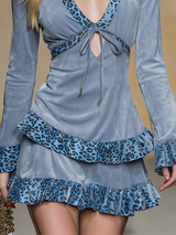 Stylish Retro Leopard Print And Faux Suede Patchwork Mini Dress