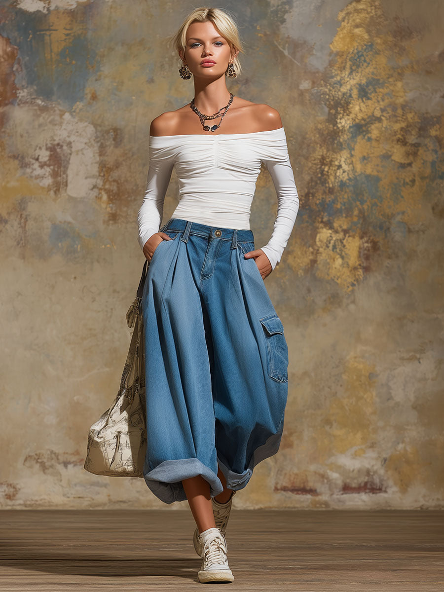 Retro Multi-pocket Wide-leg Cropped Denim Jeans