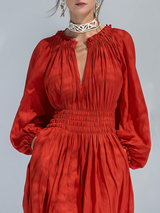 Loose-fitting Bohemian V-neck Elasticated Tulip-shaped Hem Red Cotton Linen Maxi Dress