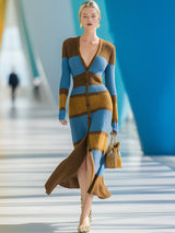 Casual And Stylish V-neck Button-down Brown And Blue And Yellow Striped Knit Maxi Dress