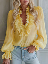 V-neck Chiffon Single-breasted Long-sleeved Shirt