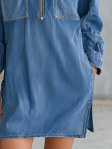 Retro Zippered Stand-up Collar Chest Pocket Denim Mini Dress
