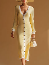 Stylish And Elegant White-trimmed Yellow V-neck Knitted Midi Dress