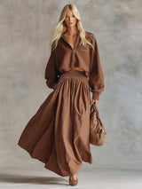 Elegant Retro Sporty Lapel Front Zipper Brown Cotton Sweatshirt And A-line Long Skirt Set