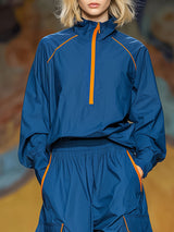 Sporty Color-blocked Stand-collar Zip-up Top And Pants Set