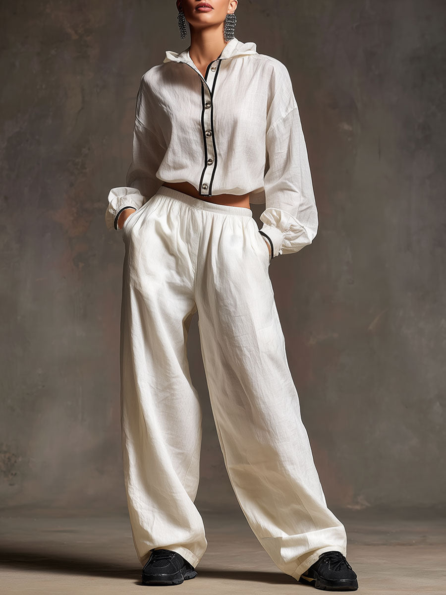 Casual Retro White Cotton And Linen Hooded Drawstring Top And Wide-leg Pants Set