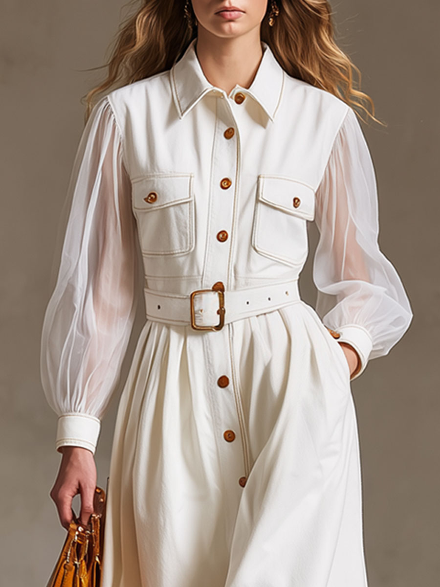Western-style Vintage Long-sleeved White Cotton A-line Midi Dress