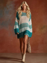 Comfortable Fashion Breathable Blue And White Stripes Contrast Lightweight Knitted Mini Dress