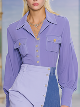 Stylish V-neck Long-sleeved Shirt And Denim Patchwork Skirt Set