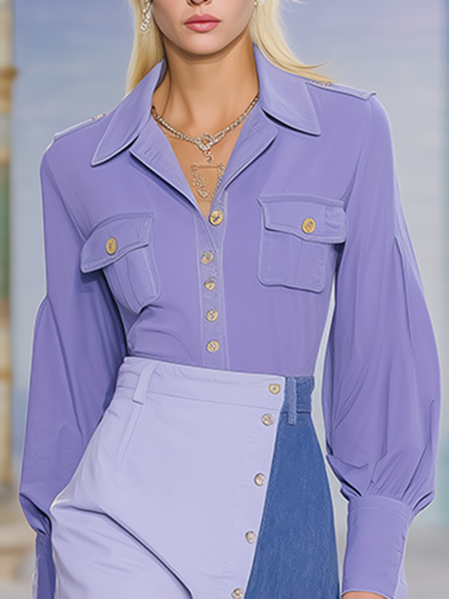 Stylish V-neck Long-sleeved Shirt And Denim Patchwork Skirt Set