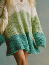 Elegant Comfortable Lazy V-neck Green And White Striped Color-block Knitted Mini Dress