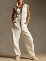 Casual Retro White Denim Zip-up Sleeveless Wide-leg Jumpsuit
