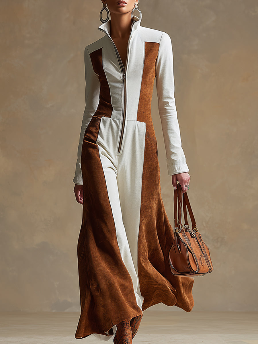 Elegant Urban Style White And Brown Faux Suede Wide-leg Jumpsuit