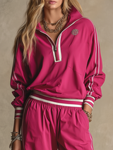 Retro Casual Zip-up Stand-collar Contrasting Trim Top And Pants Set