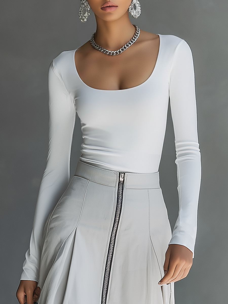 Sporty Retro-style Square-neck T-shirt And Long Skirt Set