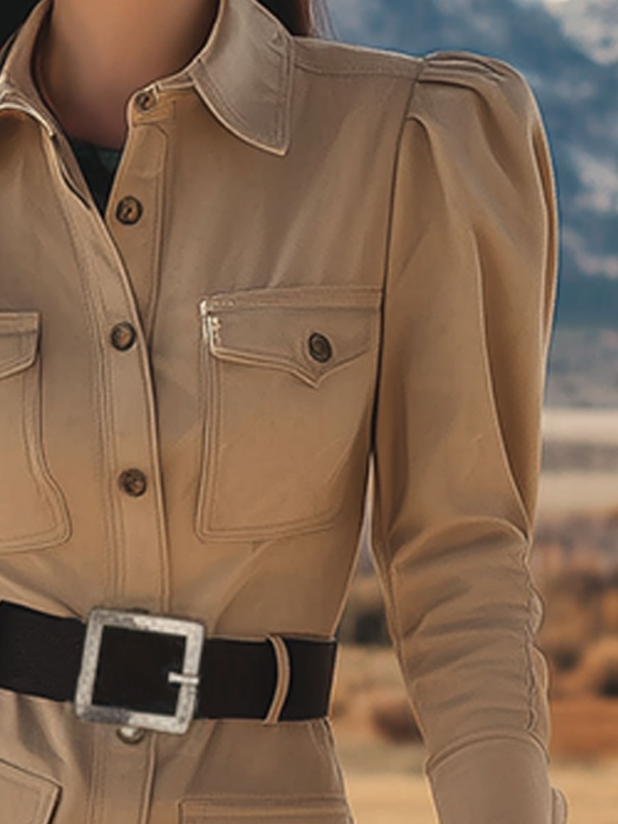 Retro Western Style Light Khaki Long-sleeved Faux Suede Mini Dress